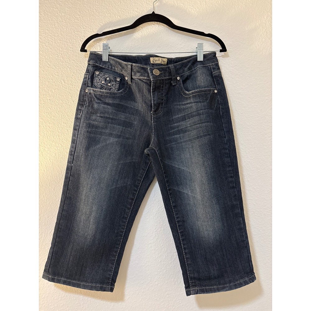 Earl Jean Womens 8P Dark Wash Embroidered Rhinestone Denim Capris Cropped Jeans